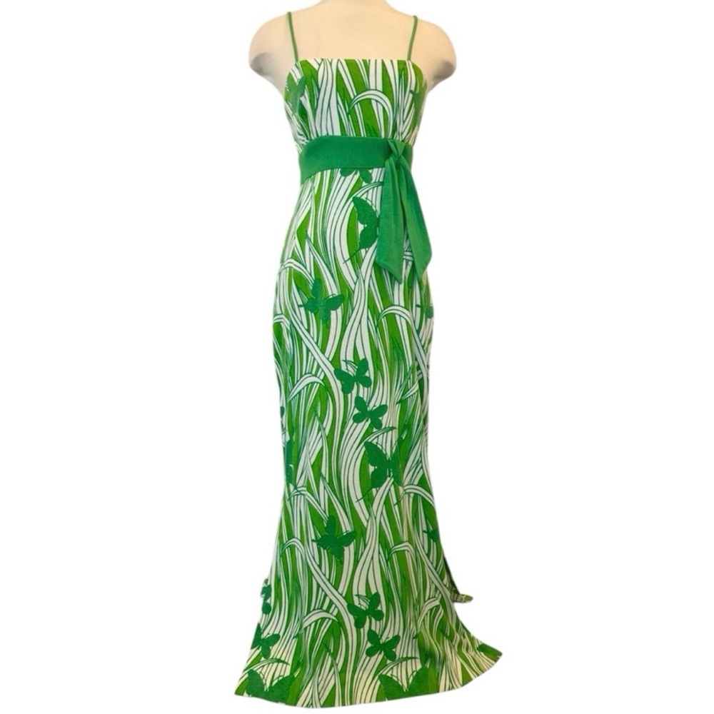 Miss Shaheen Vintage Hawaiian Butterfly Print Green Maxi Dress Column Gown 10 - Picture 4 of 12